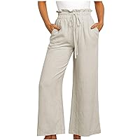 Cotton Linen Palazzo Pants for Womens High Waist Wide Leg Long Pant Solid Color Baggy Lounge Trousers with Pockets