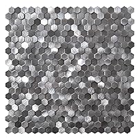 KASARO Kitchen Backsplash Peel and Stick Tiles, Peel and Stick Backsplash Hexagon Metal Mosaic Tiles, Decorative 3D Self Adhesive Wall Tiles for Living Room, Bathroom, Fireplace, 12”x12”, Gray