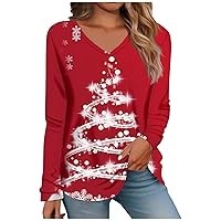 Christmas Shirts for Women Plus Size Casual Long Sleeve Tee Shirt Xmas Pattern V Neck Trendy Festival Tops