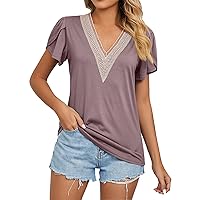 Women's Spring Tops Fashion T-Shirt Lace Splicing V Neck Tile Short Solid Colour Top Sexy, S-2XL