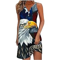American Bald Eagle Mini Dress Women 4th of July Patriotic Beach Dress Button V Neck Sleeveless Mini Tank Dresses