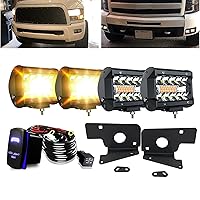 ASLONG 4pcs 4 Inch White/Amber Yellow LED Pods Light Triple Row Spot Flood Combo Offroad Fog Lamp, Wiring Harness with Rocker Switch, A Pair of Pods Lights Mount Brackets for 2007-2013 Silverado 1500