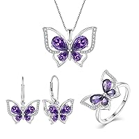 YL Butterfly Jewelry Set 925 Sterling Silver Ring Created Amethyst Statement Earrings Necklace for Women-Size6