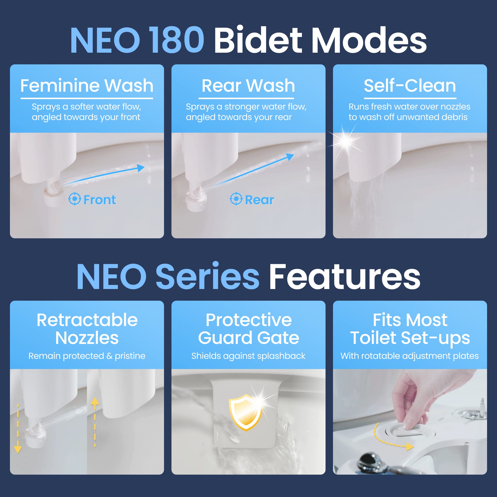 LUXE Bidet NEO 180 - Self-Cleaning, Dual Nozzle, Non-Electric Bidet Attachment for Toilet Seat, Adjustable Water Pressure, Rear and Feminine Wash, Lever Control (Blue), 13.5 x 7 x 3 inches