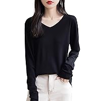Women's 100% Merino Wool Base Layer Shirt Tops V Neck Long Sleeve Travel Hiking Tee T Shirt Pullover Sweater