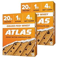Atlas Protein Bar, 20g Protein, 1g Sugar, Clean Ingredients, Gluten Free (Peanut Butter Chocolate Chip, 12 Count (Pack of 2))