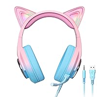 IGRL Cat Ear Gaming Headset, Wired Headphones for PC, Xbox, PS4, PS5, Switch, Headset with 360° Rotation Mic, Stereo Sound, Soft Ear Pads, RGB Light, Suitable Gifts for Girl (Pink & Blue) (Renewed)