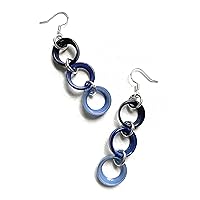 Tagua Earrings in Blue Vegetable Ivory Dangle Earrings Tag274, Handmade Organic Earrings, 2 Rings Blue Earrings Tagua Earrings