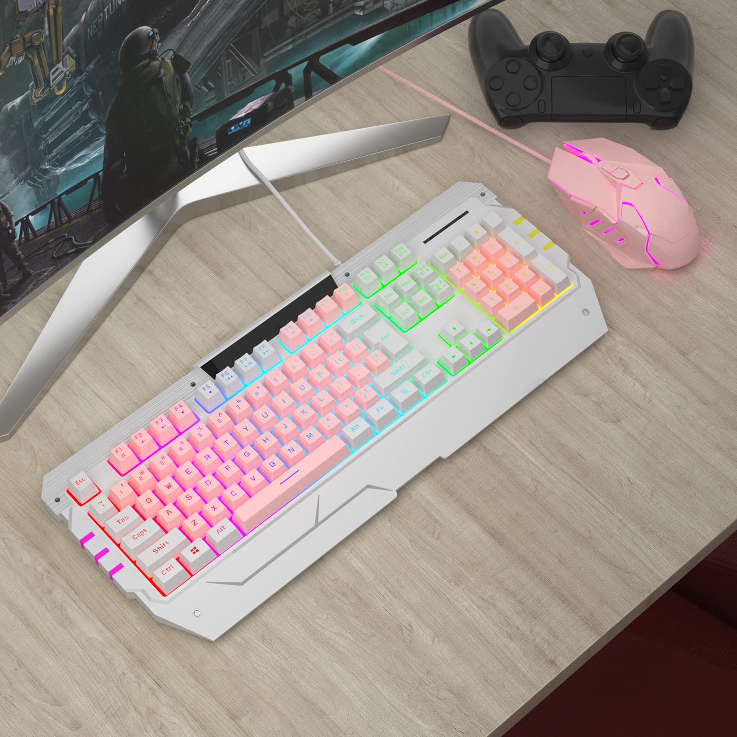 Pink Keybaord USB Gaming Keyboards and Mouse Combo, GT817 104 Key Rainbow Backlit Keyboard and Mouse Set, Computer Keyboard USB Wired Mouse for Windows PC Gamers (White & Pink)