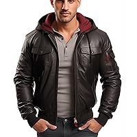 Men's Aviator Black Bomber Jacket : Genuine Lamb Leather with Removable Hood.