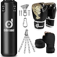 Odoland 6-in-1 Punching Bag Unfilled Set for Men and Women, 4FT Kick Boxing Heavy Bag with 12OZ Punching Gloves and Hand Wraps, Hanging Chains for MMA Karate