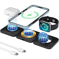 Charging Station for Apple Multiple Devices - 3 in 1 Portable Magnetic Wireless Charger - Travel Charging Pad for iPhone 15 14 13 Pro Max Plus,Apple Watch & AirPods - Black (Adapter not Included)
