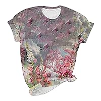 T Shirts for Women Summer Floral Print Athletic Tops Short Sleeve Crewneck Spring Blouses Loose Elegant Tees
