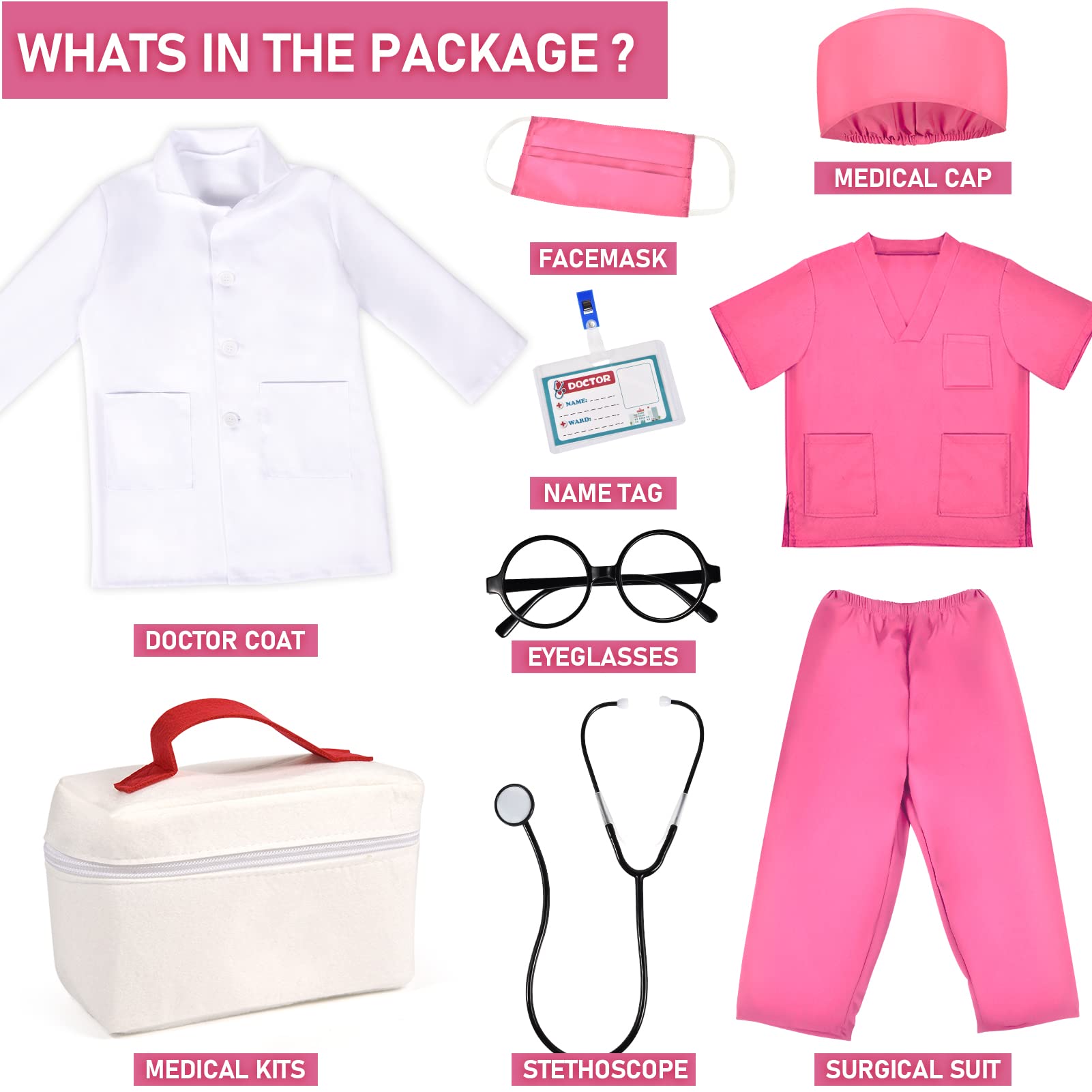 Toylink Kids Doctor Costume Pretend Play Kit with Lab Coat Carrying Bag Accessories Halloween Doctor Dress up for Boys Girls