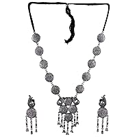 Oxidized Silver Mirror Style Stones & Beads Necklace Set With Earrings for women/girls