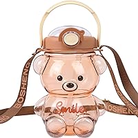 Kawaii Bear Straw Bottle, Cute Water Bottle Built in Carrying Loop,Adjustable & Removable Shoulder Strap, Made of Durable Plastic,Leak-Proof Design for Camping Picnic Hiking Travel (A-Coffee)
