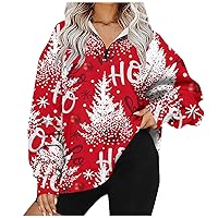 Women's 44930 Zip Pullover Sweatshirts Long Sleeve Lightweight Christmas Print Drop Shoulder Trendy Hoodie, S-3XL