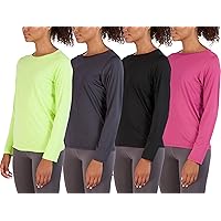 Real Essentials 4 Pack: Women's Dry-Fit Tech Stretch Long-Sleeve Athletic Workout T-Shirt (Available in Plus Size)