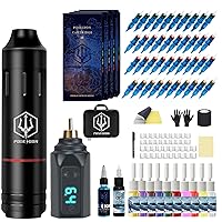 Poseidon Tattoo Pen Kit Wireless Tattoo Machine Kit, Tattoo Gun Kit with Tattoo Power Supply and 40 Pcs Tattoo Cartridge Needles, Complete Tattoo Kit Tattoo Supplies for Artists（PTK031）