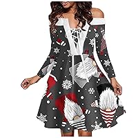 Christmas Outfit Women, Fashion Casual One Shoulder Retro Printed Plush Party Long Sleeved Dress Holiday for Women 2024 Red Dress Sweaters Plus Santa Dress Sweater Dress (XL, Dark Gray)