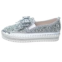 Women's Platform Rhinestones Glitter Sneaker Cute Bow Slip On Comfort Sneaker Flat Loafer Casual Shoes