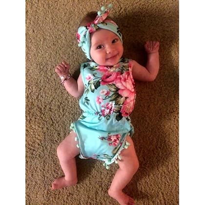 FUFUCAILLM Cute Adorable Floral Romper Baby Girls Sleeveless Tassel Romper One-pieces +Headband Sunsuit Outfit Clothes (6-12 Months, Green)