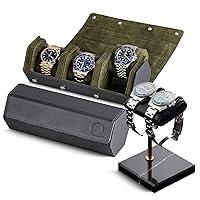 Genuine Leather Watch (Grey/Green) and Watch Stand (Black/Gold/Black)