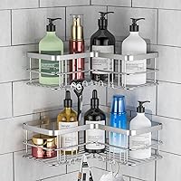 Yazoni Corner Shower Caddy, Adhesive Shower Shelves No Drilling [2-Pack], Rustproof Stainless Steel Bathroom Shower Organizer with 8 Hooks, Shower Shelf for Inside Shower (Silver)