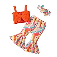 Girl Outfits Toddler Summer 3PCS Set Clothes Kid Floral Headband and Flare Trouser Ribbed Sling Crop Bowknot Tops (Orange, 12-18 Months)