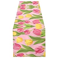 Mother's Day Pink Yellow Tulip Flowers Table Runner 14x108 Inches Long,Table Cloth Runner for Wedding Birthday Party Kitchen Dining Home Everyday Decor