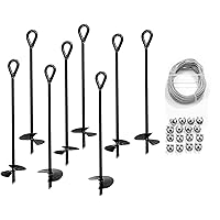 Ashman Ground Anchor with 100 Feet of Galvanized Wire with Clamps – Ideal for Securing Animals, Tents, Canopies, Sheds, Car Ports, Swing Sets; Powder-Coated Solid Steel Auger – Pack of 8
