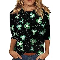 St Patricks Day Shirt, Girls St Patricks Day Shirt Denim Tops For Women 2024 Womens St. Patrick'S Day Tops 3/4 Sleeve Shirts Round Neck Graphic Tees Blouses Fashion Plus Size (Fluorescent Green,Large)