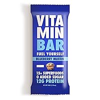 VITAMINBAR Nutrition Bar - Energy Bar - Vitamin Infused - Prebiotic Superfoods - Cordyceps - 12G Protein - All Natural - Zero BS - Blueberry (12 Bars)