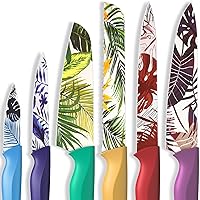 Astercook Knife Set, 12Pcs Colorful Tropical Designs Kitchen Knife Set, Palm Leaf Color-Coded Coated Stainless Steel Kitchen Knives with 6 Blade Guards, Dishwasher Safe
