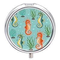Pill Box Underwater Cute Seahorse Round Medicine Tablet Case Portable Pillbox Vitamin Container Organizer Pills Holder with 3 Compartments