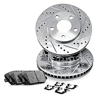 R1 Concepts eLINE Series Front Brake Rotors Drilled and Slotted Silver with Ceramic Pads and Hardware Kit For 1982-1983 American Motors Spirit, Concord