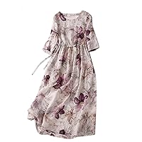 Women's 2023 Summer Casual Lace-Up Waist-Defined Dress Short Sleeve Fashion Loose Comfy Midi Dress with Pockets