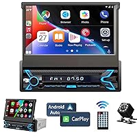 Naifay Single Din Car Stereo Compatible with Apple Carplay & Android Auto, 7inch Flip Out Touchscreen Car Radio with Bluetooth Foldable Car Audio Receivers, Mirror Link/Camera/FM/USB/AUX/TF/Subwoofer
