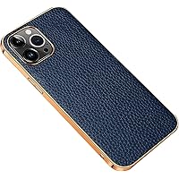 Case for iPhone 14/14 Plus/14 Pro/14 Pro Max, Genuine Leather Slim Flexible Plated TPU Bumper Back Cover with Camera Protection Phone Case (Color : Blue, Size : 14ProMax)