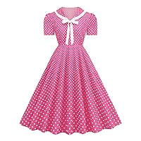 Womens 50S 60S Retro Skirt Fashion Polka Dot Printed V Neck Tunic Swing Dresses Elegant Short-Sleeve Prom Party Dress
