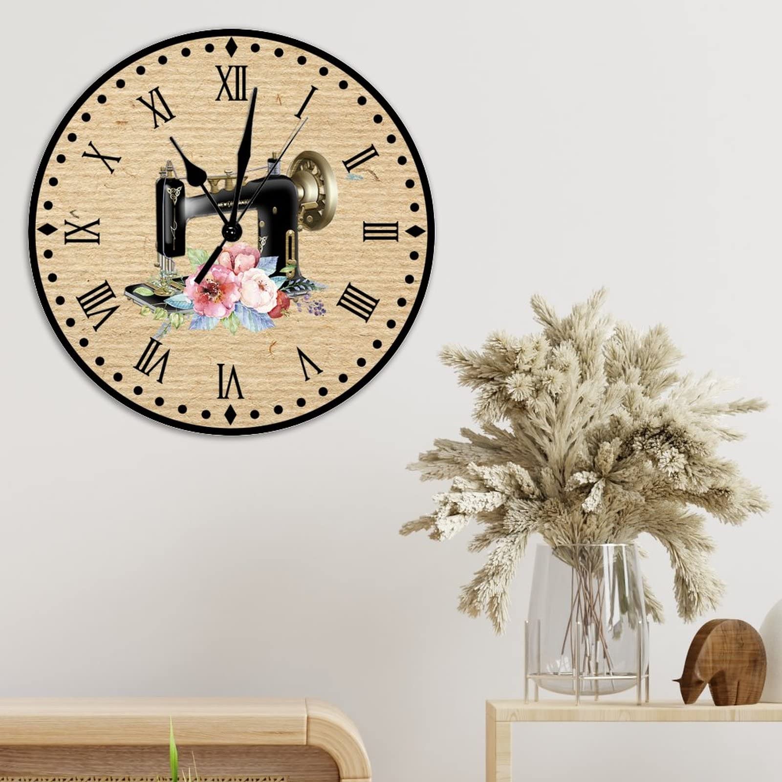 Flower Sewing Machine Wooden Wall Clock Silent Battery Wood Wall Clocks Seamstress Sewing Room Wall Clocks Craft Room Decor Clock Farmhouse Wall Decor 15inch Round Clock for Home Office School