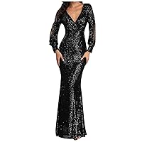 Womens Dresses Long Sleeve Sexy V-Neck Sequined Slim Fit Mermaid Evening Dress New Years Eve Dress
