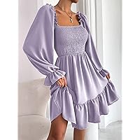 Dresses for Women - Square Neck Shirred Bodice Flounce Sleeve Ruffle Hem Dress (Color : Lilac Purple, Size : Small)