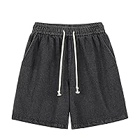 Mens Casual Denim Shorts Flexible Waist Drawstring Sweat Shorts 5