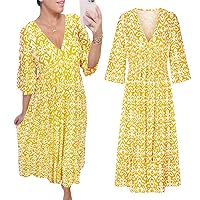 Plus Size Summer V Neck Floral Dress, 2024 New Casual Print V-Neck Long Dress, Summer Dress with 3/4 Sleeve Dress for Women
