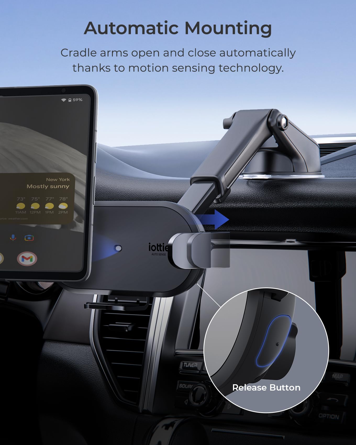iOttie Auto Sense 2 Fold Qi Wireless Car Charger -Wireless Charging Automatic Clamping Dashboard Car Phone Mount for Google Pixel Fold, Galaxy Z Fold 4, Galaxy Z Flip 4, Other Foldable Smartphones
