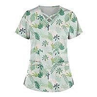 Womens Carer Uniform Workwear Tees Short Sleeve T Shirt V-Neck Lightweight Blouse Casual Print Top with Pockets