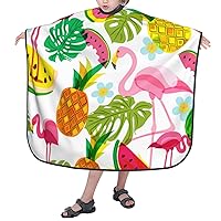 Children Hairdresser Apron With Adjustable Snap Closure Pink-Flamingo-Palm-Leaves 39x47 Inch Barber Cape Kids Hair Cutting Cape For Salon And Home