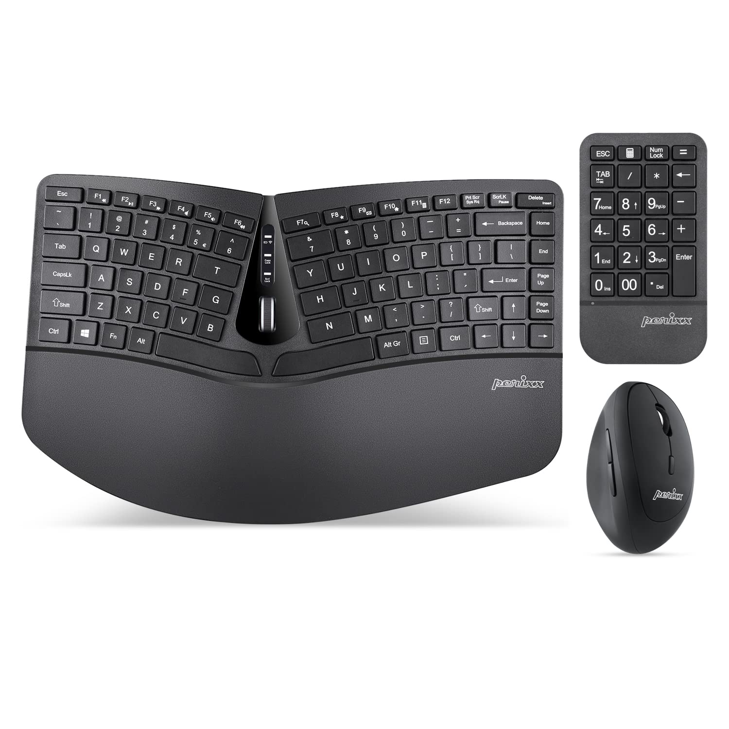 Perixx PERIDUO-606A, 3-in-1 Wireless Compact Ergonomic Keyboard with Vertical Mouse and Numeric Keypad - Adjustable Palm Rest - Tilt Wheel - Membrane Low Profile Keys - US English