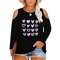 HDLTE Plus Size Valentines Day Shirts Women Love Heart Graphic Long Sleeve Cold Shoulder T-Shirt,XL-5XL